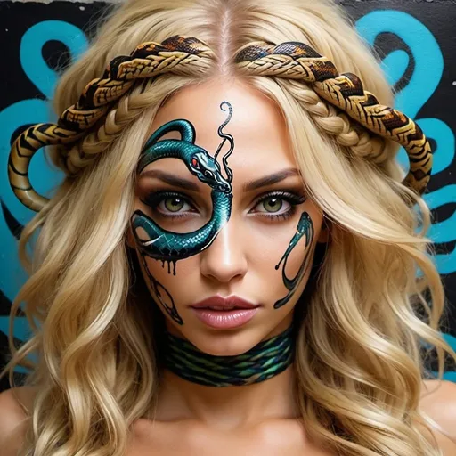 Prompt: Art portrait Graffiti art face blonde microbraided snake long medusa hair charachter revealing cleavage graffiti art face make up print sedusa adornment