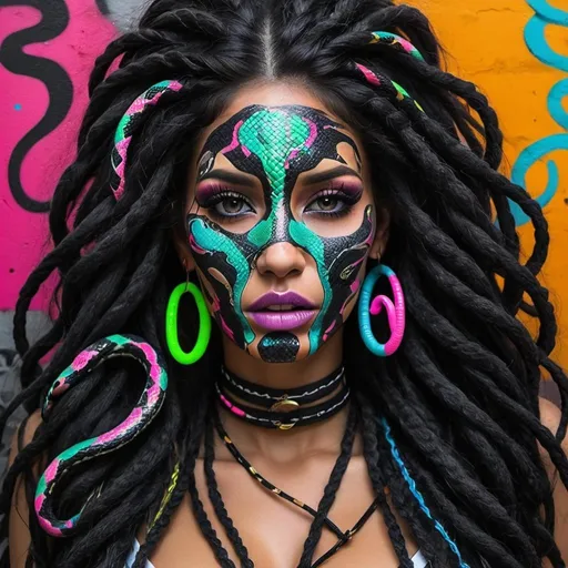 Prompt: Art portrait Color black and multi neon print page Graffiti art face microbraided snake long medusa hair charachter revealing cleavage graffiti art face make up print sedusa adornment