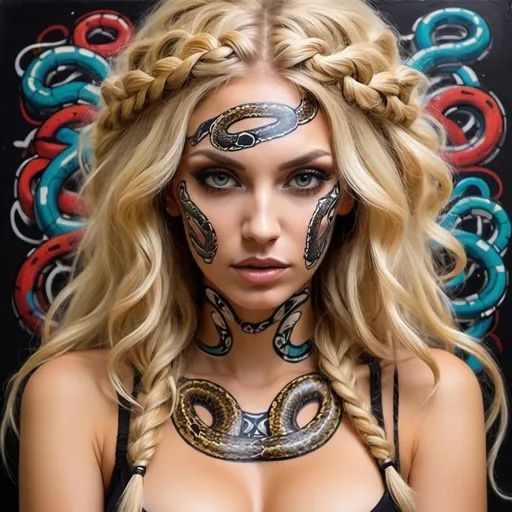 Prompt: Art portrait Graffiti art face blonde microbraided snake long medusa hair charachter revealing cleavage graffiti art face make up print sedusa adornment