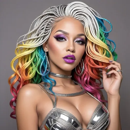 Prompt: Coloring page Lip shaped chrome Rainbow medusa microbraided blonde and rainbow hair revealing extra large cleavage full lips
with high heel shoes 