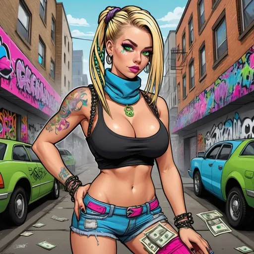 Prompt: cartoon charachture graffitti art blonde multicolored microbraided hair female with green eyes revealing extra large cleavage and tight multicolored graffiti outfit and shoes multicolored pink blue gothic punk steam punk emo exotic classy gangster pose money dollar bills  original graffiti tech touch in the street hustle balaclava friends muscle 
