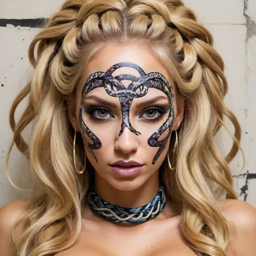 Prompt: Art portrait Graffiti art face blonde microbraided snake long medusa hair charachter revealing cleavage graffiti art face make up print sedusa adornment