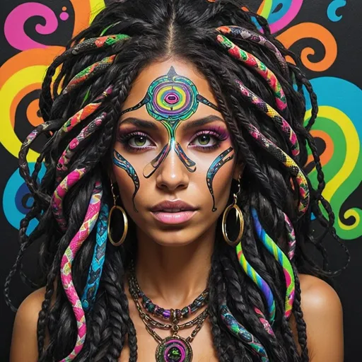 Prompt: Psycadelic hippy Art portrait Color black and multi neon print page Graffiti art face microbraided snake long medusa hair charachter revealing cleavage graffiti art face make up print sedusa adornment