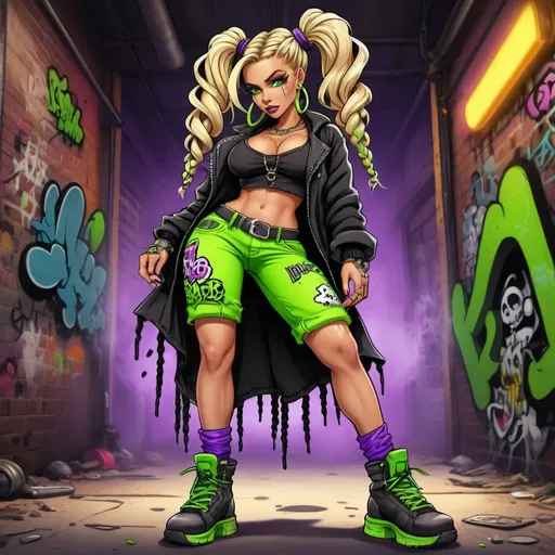 Prompt: A thug ghetto blonde cartoon characture multicolored microbraided hair female with green eyes revealing extra large cleavage wearing tight multicolored neon purple neon green and black graffiti outfit and shoes graffiti steam punk spraybomb
