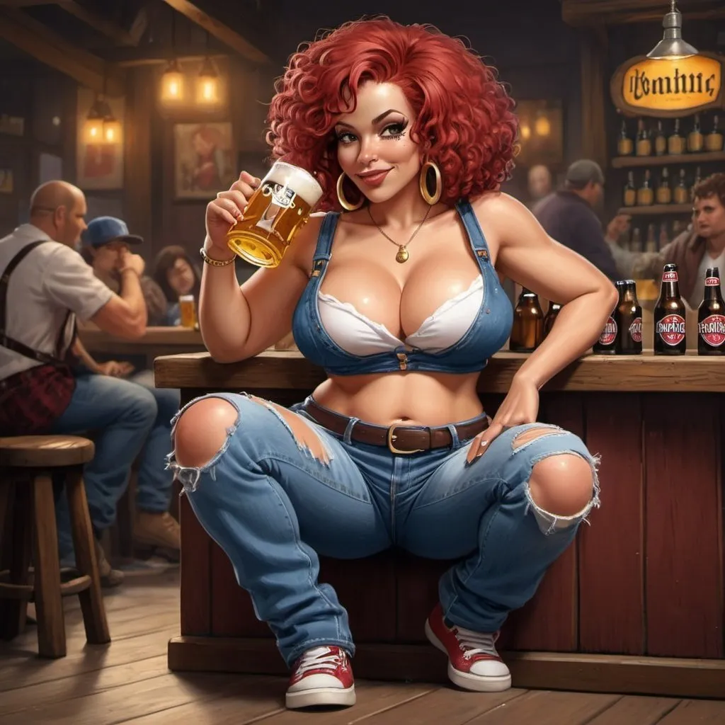 Prompt: Little Annie hip-hop character female with extra large revealing cleavage and holy freyed tight jeans drinking a old English beer