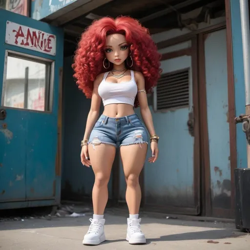 Prompt: Little Annie hip-hop character female with extra large, revealing cleavand holy freyed tight jean shorts 