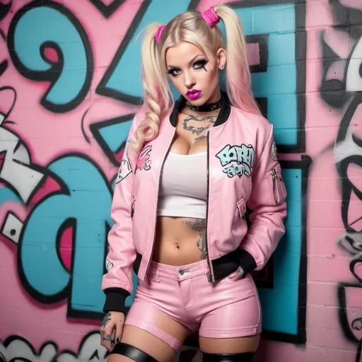 Prompt: Graffitti character blonde pigtails revealing extra large cleavage pastel pink leather exotic 2 piece outfit nightware gothic with tattoos and pink lipstick wearing a bomber jacket tattoos. Thigh high leather graffitti boots graffiti block letters Sedusa in white 