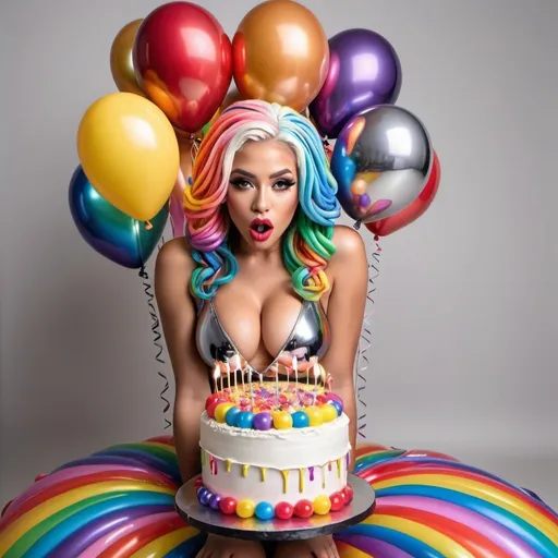 Prompt: boquets of chrome kiss lips balloons chrome Rainbow medusa microbraided blonde and rainbow hair revealing extra large cleavage full lips
with high heel shoes lip shaped balloons multicolored and surprise popping outta the center if a huge cake