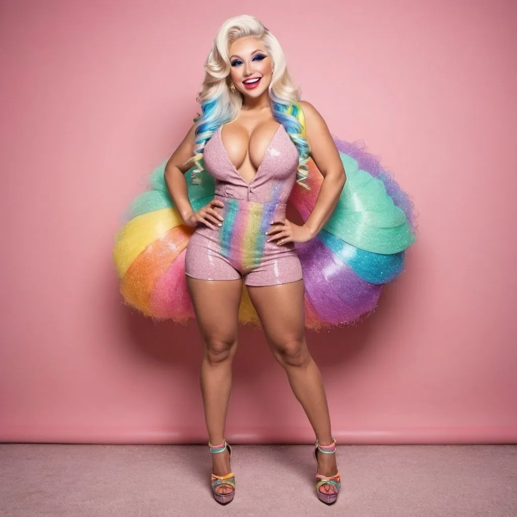 Prompt: Blonde Rainbow pastel String Glitter hair matching outfit revealing extra large cleavage full lips unique makeup exotic high heel shoes - Sedusa Adornment standing smiling