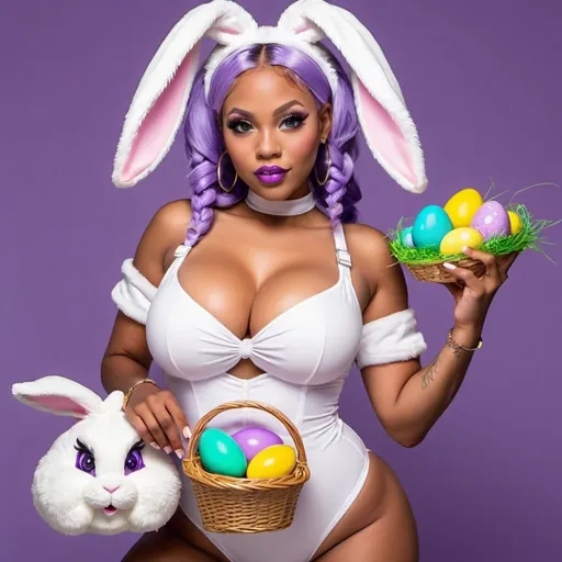 Prompt: Purple  ringlette pigtail hair green eyes nateral hip-hop character female with extra large revealing cleavage full lips wearing designer makeup and wearing a revealing exotic white Easter bunny costume and holding a Easter basket 