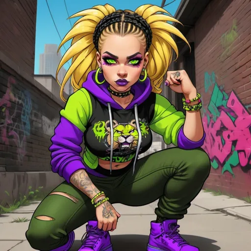 Prompt: A thug ghetto blonde cartoon characture multicolored microbraided hair female with green eyes revealing extra large cleavage wearing tight multicolored neon yellow anf neon purple graffiti outfit and shoes multicolored gothic punk steam punk emo exotic classy gangster pose  original graffiti tech touch hustle balaclava friends muscle  fierce lion graffiti 
