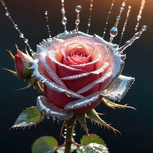 Prompt: A rose of a godlike light and brilliant detailed color with thorns of glittery dripping water and a hullucination 
