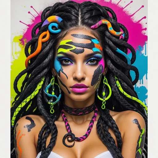 Prompt:  Color black and multi neon print page Graffiti art face microbraided snake long medusa hair charachter revealing cleavage graffiti art face make up print sedusa adornment