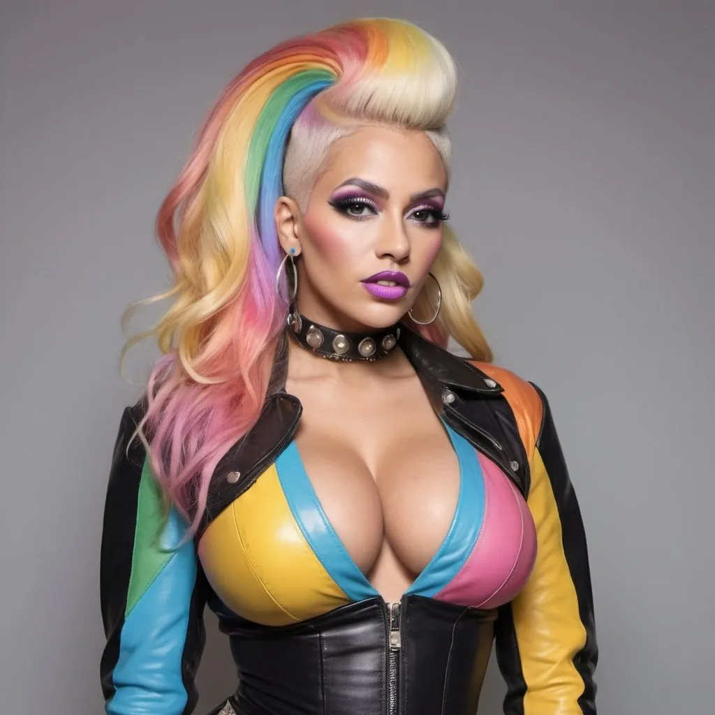Prompt: A crazy phsyco killer designer hairdo pastel multicolored rainbow blonde wearing a leather exotic outfit and revealing extrodinarily extra 
large cleavage 