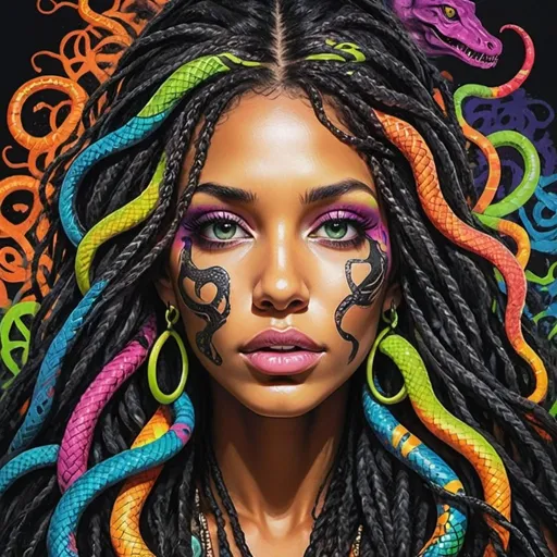 Prompt: Psycadelic hippy Art portrait Color black and multi neon print page Graffiti art face microbraided snake long medusa hair charachter revealing cleavage graffiti art face make up print sedusa adornment