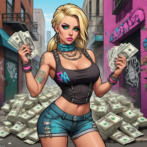Prompt: A classy blonde cartoon characture multicolored microbraided hair female with green eyes revealing extra large cleavage  money dollar bills and tight multicolored graffiti outfit and shoes multicolored pink blue gothic punk steam punk emo exotic classy gangster pose  original graffiti tech touch the street hustle balaclava friends muscle 
