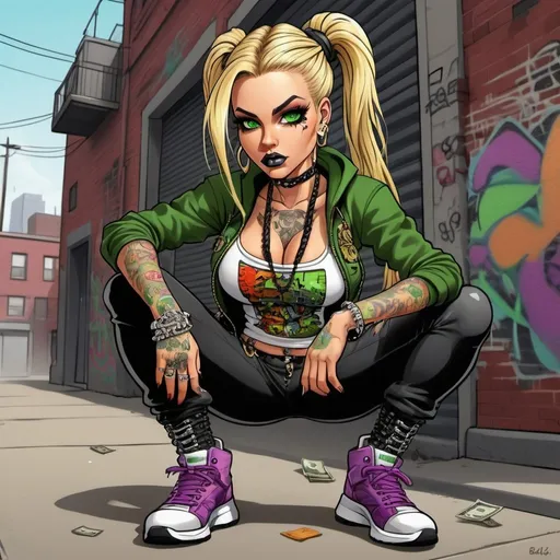 Prompt: A thug ghetto blonde cartoon characture multicolored microbraided hair female with green eyes revealing extra large cleavage  money dollar bills and tight multicolored graffiti outfit and shoes multicolored gothic punk steam punk emo exotic classy gangster pose  original graffiti tech touch the street hustle balaclava friends muscle 
