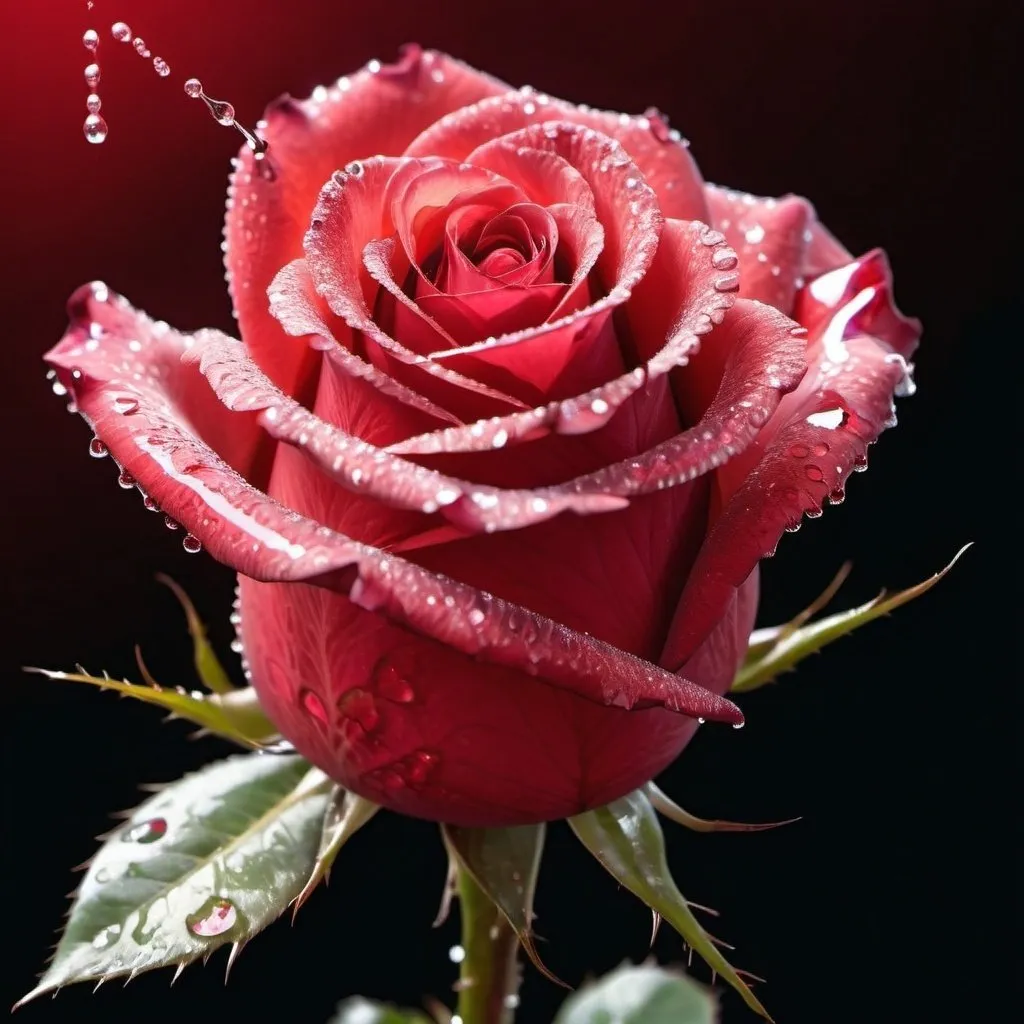 Prompt: A red rose of a godlike light and brilliant detailed color with thorns of glittery dripping water and a hullucination expression of love and life 