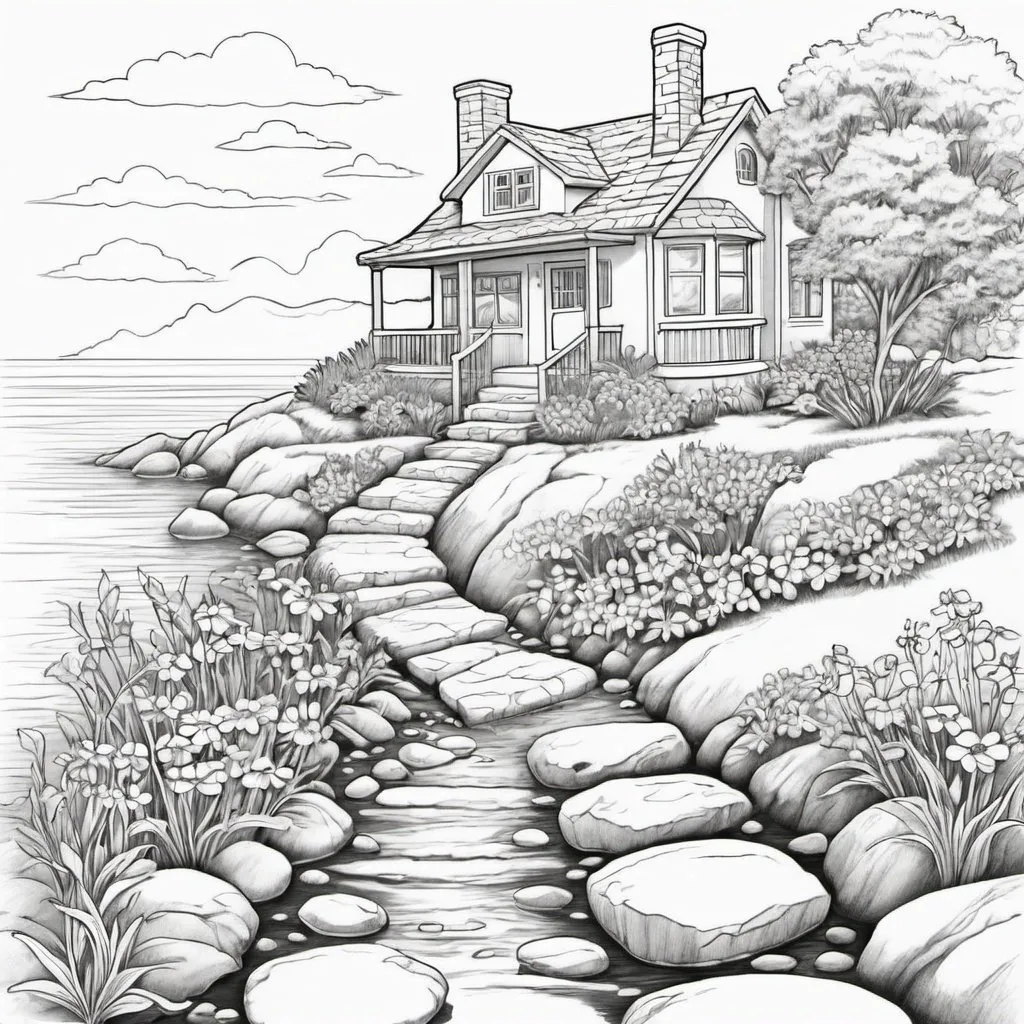 Prompt: Coloring page flowers house path rocks water