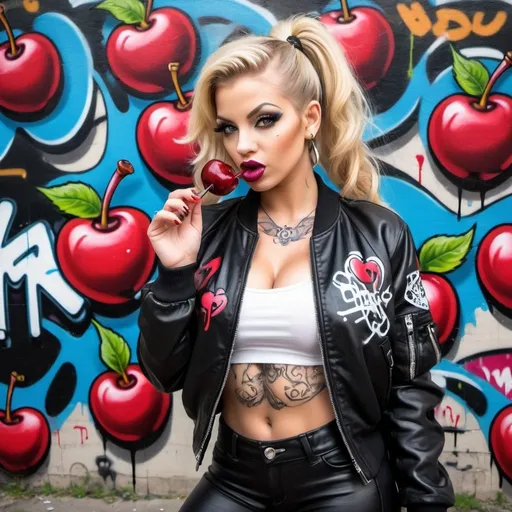 Prompt: Blonde ringlette pigtail hair tattoos revealing extra large cleavage full lips wearing designer makeup and tight pants with verticle slits in them graffiti art black leather bomber jacket medusa graffitti also eating a big cherry graffiti art bomber jacket sedusa