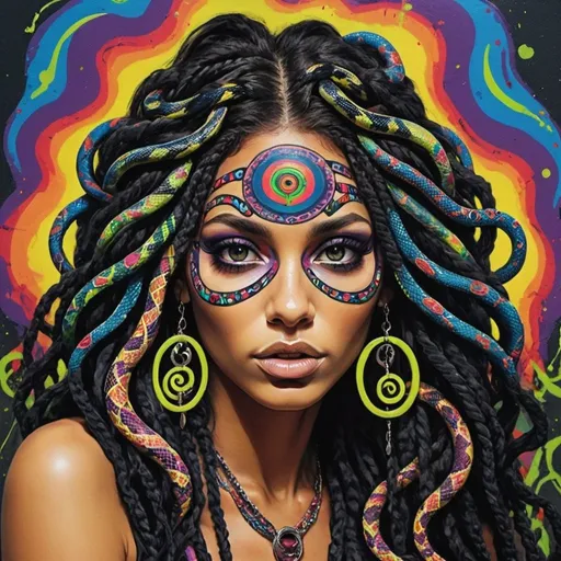 Prompt: Psycadelic hippy Art portrait Color black and bold pqstel print page Graffiti art face microbraided snake long medusa hair charachter revealing cleavage graffiti art face make up print sedusa adornment