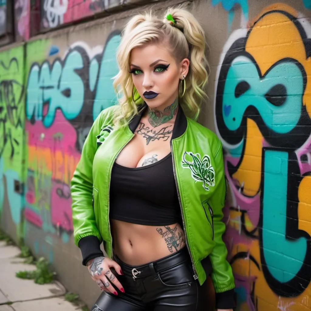 Prompt: Blonde ringlette pigtail hair green eyes also tattoos all over  revealing extra large cleavage full lips wearing designer makeup and tight pants with verticle slits in them graffiti leather bomber jacket medusa neon green graffitti 