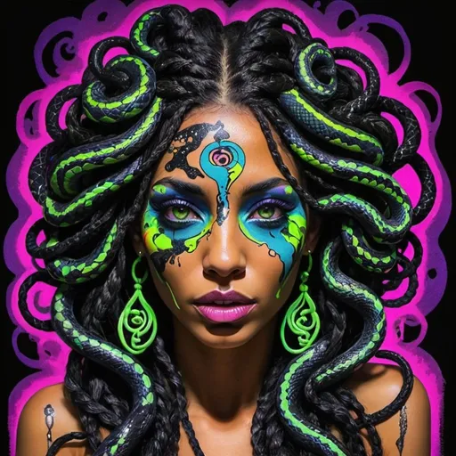 Prompt: Psycadelic Art portrait Color black and multi neon print page Graffiti art face microbraided snake long medusa hair charachter revealing cleavage graffiti art face make up print sedusa adornment