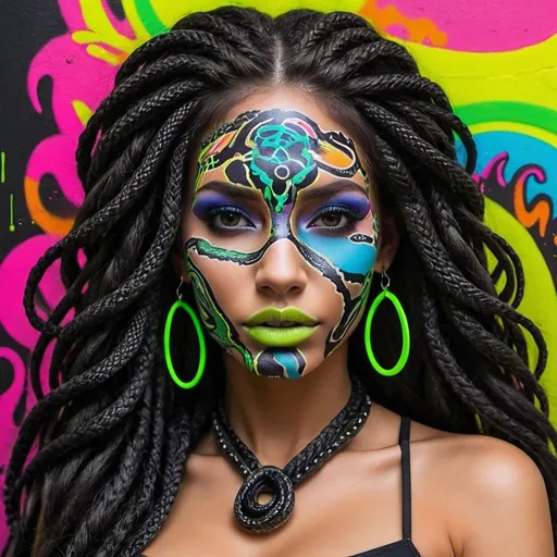 Prompt:  black and multi neon print page Graffiti art face microbraided snake long medusa hair charachter revealing cleavage graffiti art face make up print sedusa adornment