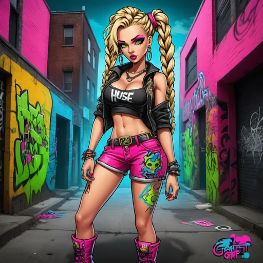 Prompt: A thug ghetto blonde cartoon characture multicolored microbraided hair female with green eyes revealing extra large cleavage wearing tight multicolored neon pink and black neon yellow and neon blue graffiti outfit and shoes graffiti  steam punk emo exotic classy gangster pose  original graffiti tech touch hustle  graffiti 
