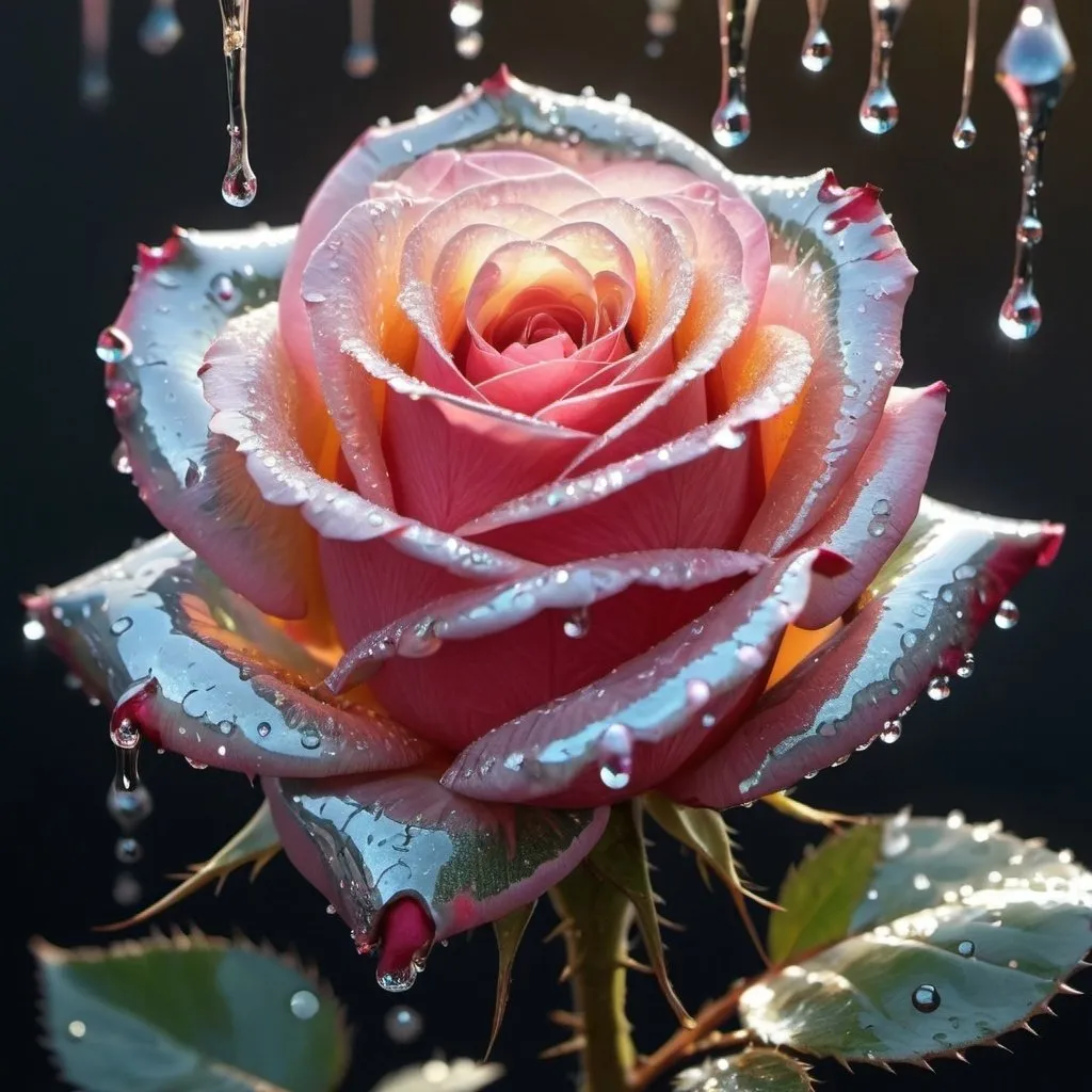 Prompt: A rose of a godlike light and brilliant detailed color with thorns of glittery dripping water and a hullucination 