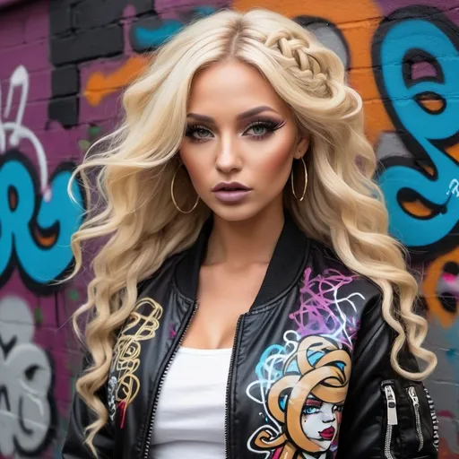 Prompt: Graffiti art face blond long microbraided long medusa hair charachter revealing cleavage graffiti art face make up leathe4 2 piece outfit with graffiti art bomber jacket 