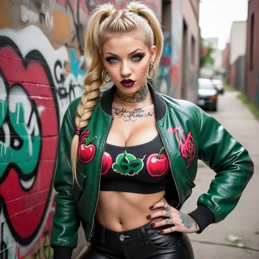 Prompt: Blonde ringlette pigtail hair green eyes tattoos revealing extra large cleavage full lips wearing designer makeup and tight pants with verticle slits in them graffiti leather bomber jacket medusa graffitti also eating a big cherry