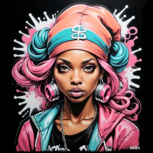 Prompt: A graffiti female charachter bomb hiphop custom pastel art -Sedusa Adornment on black backround