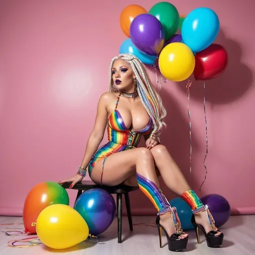 Prompt: chrome Rainbow medusa microbraided blonde and rainbow hair revealing extra large cleavage full lips
with high heel shoes lip shaped balloons multicolored 