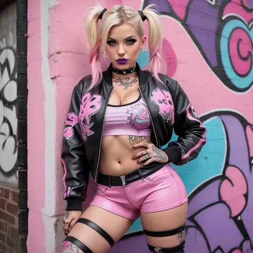 Prompt: Graffitti character blonde pink and black pigtails revealing extra large cleavage pastel pink and purple graffitti leather exotic 2 piece outfit nightware gothic with tattoos and pink lipstick wearing a bomber jacket tattoos. Thigh high leather graffitti boots