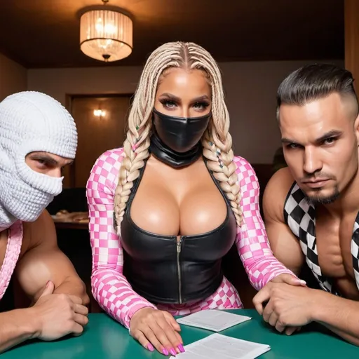 Prompt: Blonde female rainbow microbraided hair revealing extra large cleavage wearing pink and white checkered leather 2 piece outfit and muscular men wearing balaclava 