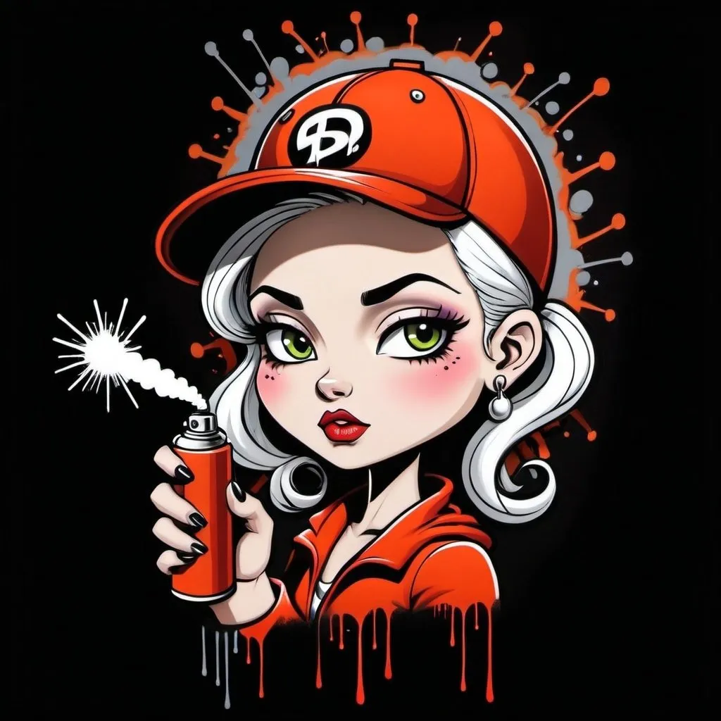 Prompt: A graffiti female cartoon charachter bomb spray spray custom art -Sedusa Adornment on black backround