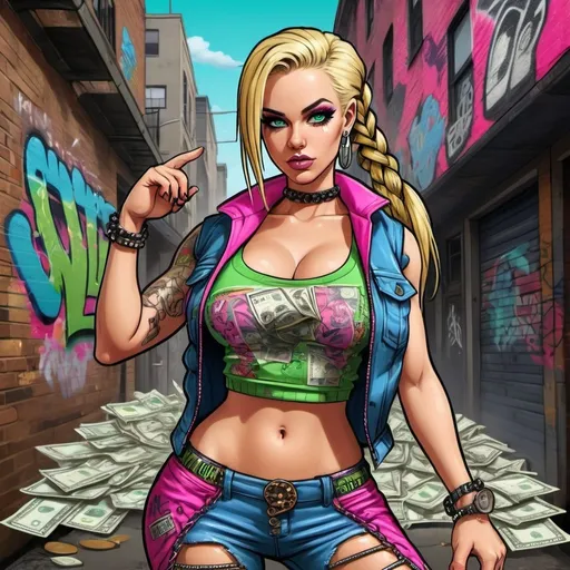 Prompt: A gangster blonde cartoon characture multicolored microbraided hair female with green eyes revealing extra large cleavage  money dollar bills and tight multicolored graffiti outfit and shoes multicolored pink blue gothic punk steam punk emo exotic classy gangster pose  original graffiti tech touch the street hustle balaclava friends muscle 
