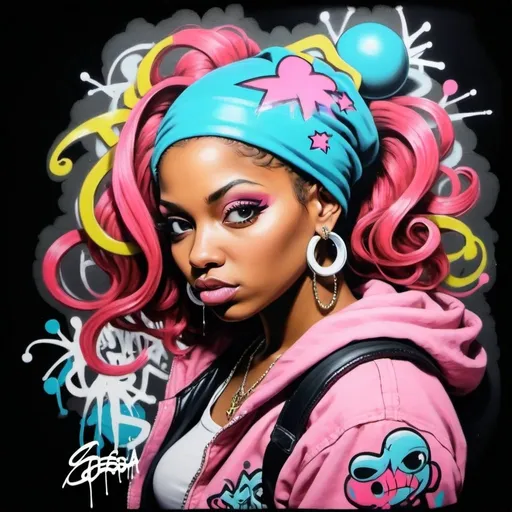 Prompt: A graffiti female charachter bomb hiphop custom pastel art -Sedusa Adornment on black backround