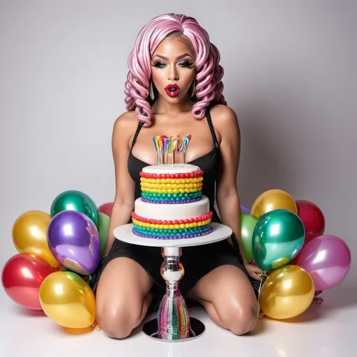 Prompt: boquets of chrome kiss lips balloons chrome Rainbow medusa microbraided blonde and rainbow hair revealing extra large cleavage full lips
with high heel shoes lip shaped balloons multicolored and coming outta the top of a birthday cake 