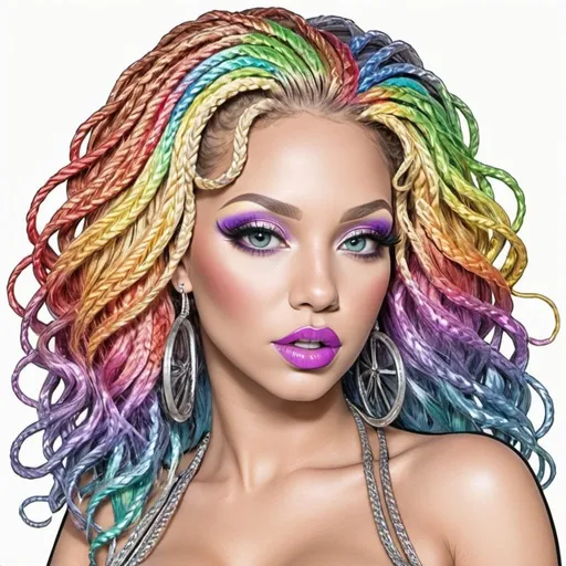 Prompt: Coloring page Lip shaped chrome Rainbow medusa microbraided blonde and rainbow hair revealing extra large cleavage full lips
with high heel shoes 
