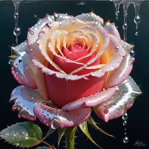 Prompt: A rose of a godlike light and brilliant detailed color with thorns of glittery dripping water and a hullucination 