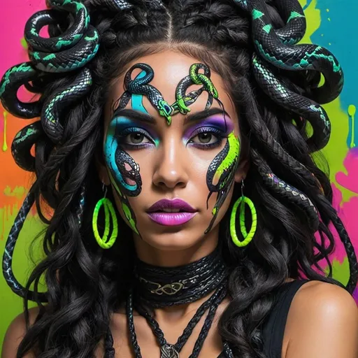 Prompt: Art portrait Color black and multi neon print page Graffiti art face microbraided snake long medusa hair charachter revealing cleavage graffiti art face make up print sedusa adornment