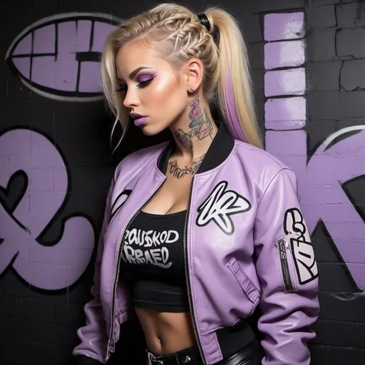 Prompt: Cartoon Blonde pastel microbraided hair revealing extra large cleavage full lips light purple and black leather outfit exotic with a baseball bat graffitti words in the backround black wall chest tattoos leather graffiti art printed bomber jacket rear side 