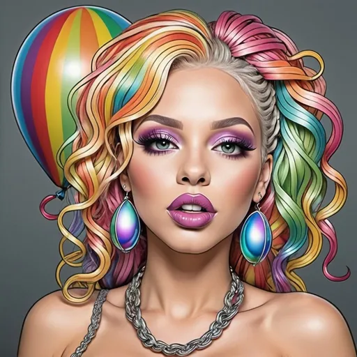 Prompt: Coloring page Ballooms Lip shaped chrome Rainbow medusa microbraided blonde and rainbow hair revealing extra large cleavage full lips
with high heel shoes 