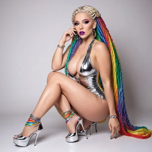 Prompt:  chrome Rainbow medusa microbraided blonde and rainbow hair revealing extra large cleavage full lips
with high heel shoes 