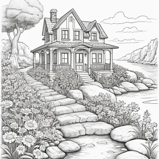 Prompt: Coloring page flowers house path rocks water