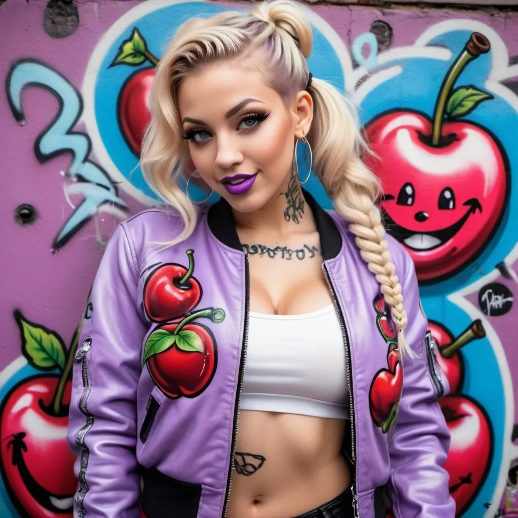 Prompt: Blonde ringlette pigtail hair tattoos revealing extra large cleavage full lips smilinhwearing designer makeup and tight pants with verticle slits in them graffiti art light purple leather bomber jacket medusa graffitti also eating a big cherries and lips graffiti art bomber jacket sedusa