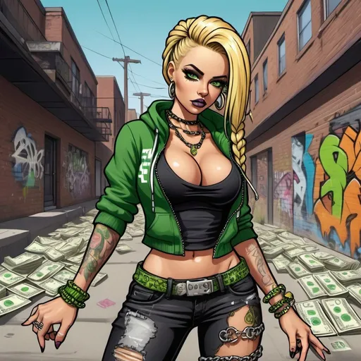 Prompt: A thug ghetto blonde cartoon characture multicolored microbraided hair female with green eyes revealing extra large cleavage  money dollar bills and tight multicolored graffiti outfit and shoes multicolored gothic punk steam punk emo exotic classy gangster pose  original graffiti tech touch the street hustle balaclava friends muscle 
