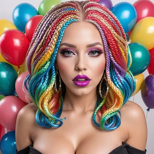 Prompt: Ballooms Lip shaped chrome Rainbow medusa microbraided blonde and rainbow hair revealing extra large cleavage full lips
with high heel shoes lip shaped balloons multicolored 